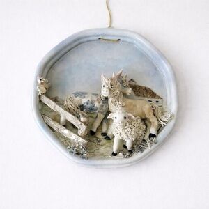Vintage Wendy Parsons 3D Ceramic Wall Plaque - Horses & Sheep - Handmade Art